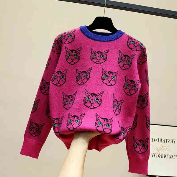 

female fashion shirt of cartoon cat jacquard jumper long sleeve mesh knitted female winter casual sweater, White;black