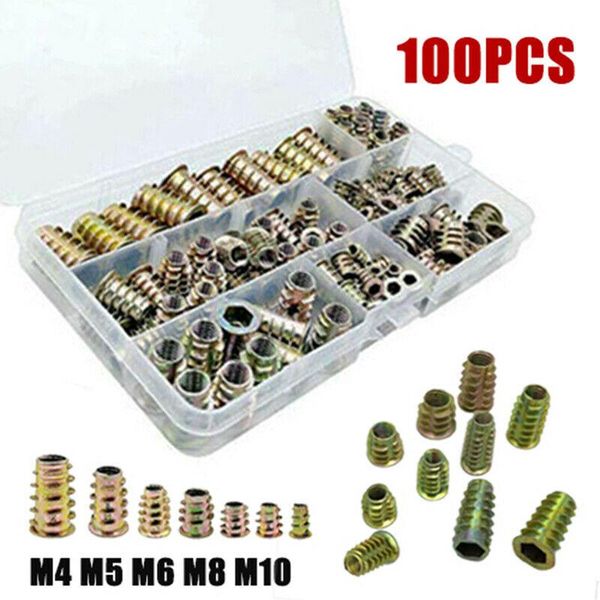 

100pcs/set m4 m5 m6 m8 m10 threaded hex drive driver wood screw inserts nuts kit auto fastener clip insert other vehicle tools