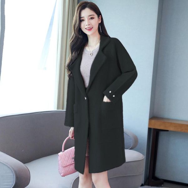 

women's wool & blends winter women woolen coat 2021 medium long loose female outerwear fashion dark buckle ladies cw701, Black