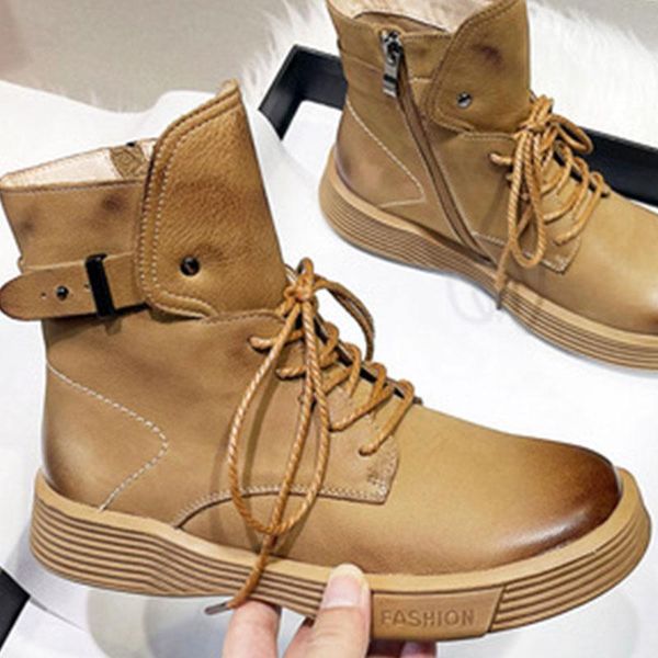 

boots 2021 women ankle retro genuine leather flat female comfort autumn winter footwear ladies platform lace up leisure shoes, Black