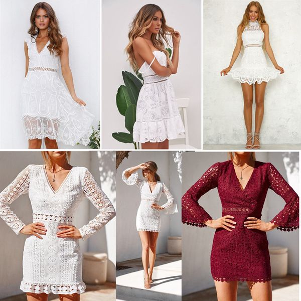 

casual dresses elegant out lace women sleeveless summer style midi white spring short hollow party evening clothing, Black;gray