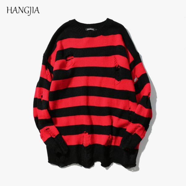 

black red striped sweaters, men and women, sweaters torn, worn, knitwear, large size, harajuku, White;black