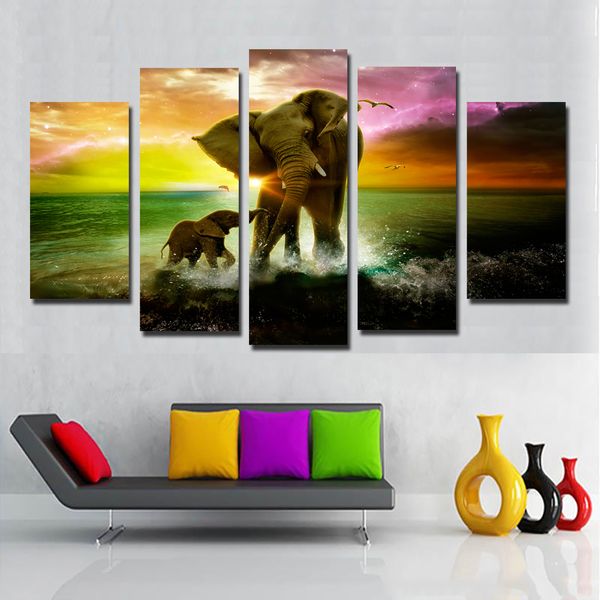 Animais arte pintura de lona Pôsteres Impressões Elefante e filho Sunset Waves on Canvas Wall papel de parede para celular para crianças Decor