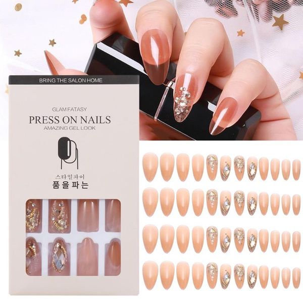 

false nails fashion aurora gradient color ballet fake nail patch ballerina detachable tip with jelly gum, Red;gold