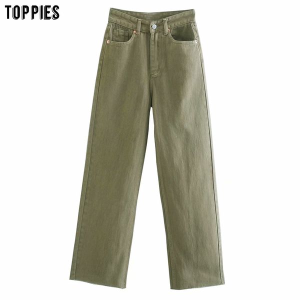 Toppies jeans vintage mulher cintura alta rasgada calças jeans exército calças verdes moda streetwear 210412