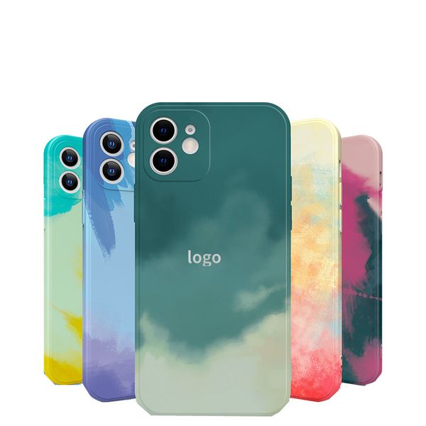 

watercolor style liquid silicone phone case for iphone 12 12mini 11 pro max xs xr xsmax x 7 8 plus ultra thin soft cover shell