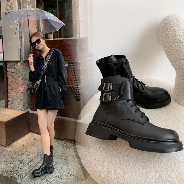 

spring and autumn 2021 all-match platform with ankle boots thick-soled leather women's motorcycle x470 dress shoes, Black