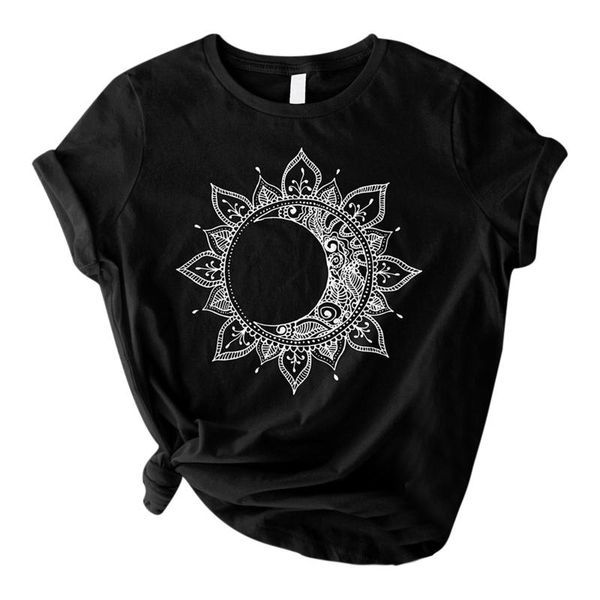 

women's t-shirt casual fashion letter sun moon print loose o-neck short-sleeved elastic stretch summer top, White