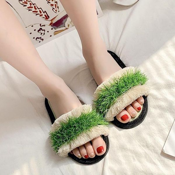 

slippers 2021 women shoes mix color fur summer comfortable flat heels casual slides woman open toe outdoor women's flip flops, Black