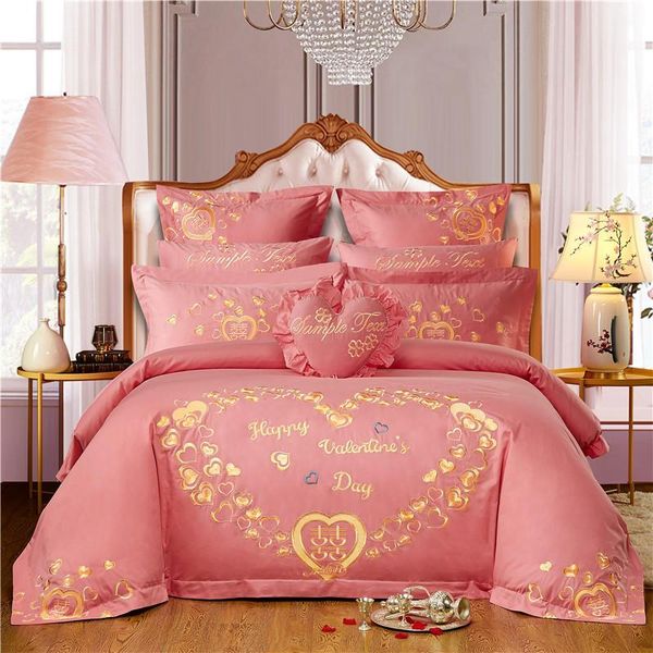 

bedding sets golden heart-shaped embroidery quilt/duvet cover bed sheet linen pillowcases 4/6/8pcs pink princess textile set home