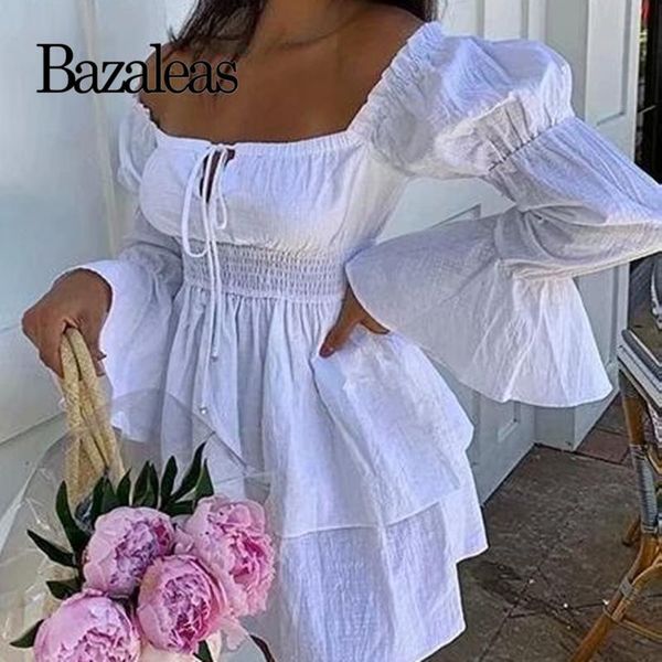 

casual dresses bazaleas holiday big flare long sleeve dress women cotton elastic waist party center bow white vestidos drop, Black;gray
