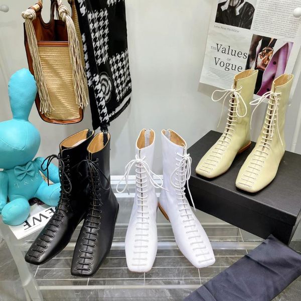 

boots 2021 flats women square toe shoes ankle woman lace-up genuine leather zip fashion, Black