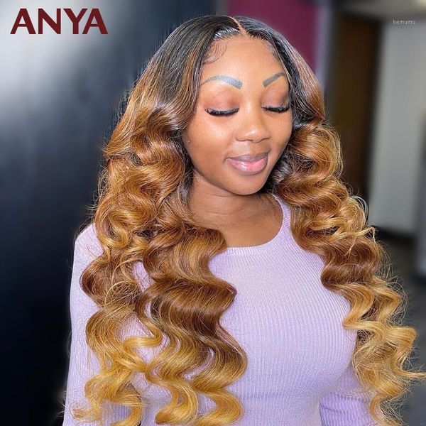 

anya loose wave blonde ombre 13x4 transparent lace front pre plucked wig peruvian remy human hair wigs 180% for black women1, Black;brown