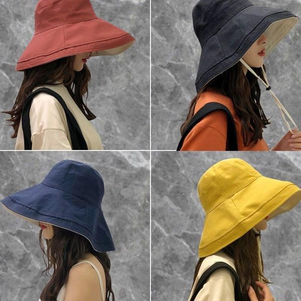 

wide brim hats fisherman hat sunscreen summer japanese big double-sided sun leisure basin folding korean for women, Blue;gray