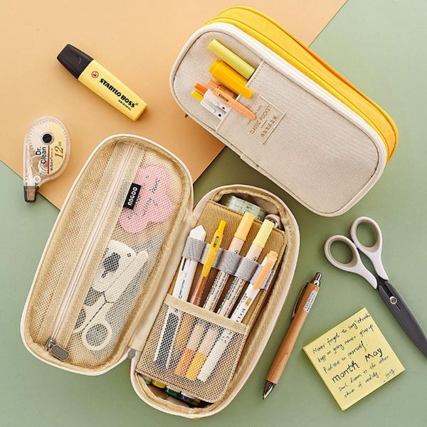 

storage bags cute canvas pencil box pouch macaron color zipper double layer large capacity case kids school stationery