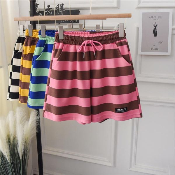 

women's shorts summer women stripe casual sweat drawstring high waist loose cotton jogging pant pockets, White;black