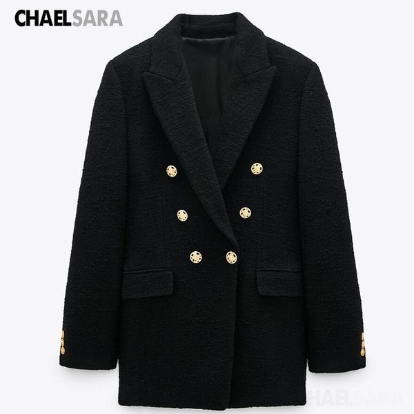 

blazer women 2021 fashion metal double breasted wool suit coat vintage long sleeve female chic outerwear women's suits & blazers, White;black
