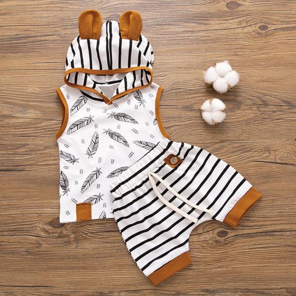 

baby clothes born boy girl hooded feather t shirt striped shorts pants 2pcs outfits autumn clothing sets, White