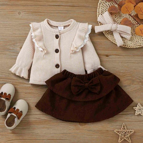 

clothing sets licupiee 0-3y lovely autumn baby girls clothes 3pcs long sleeve single breasted jacket +bow skirts+headband, White