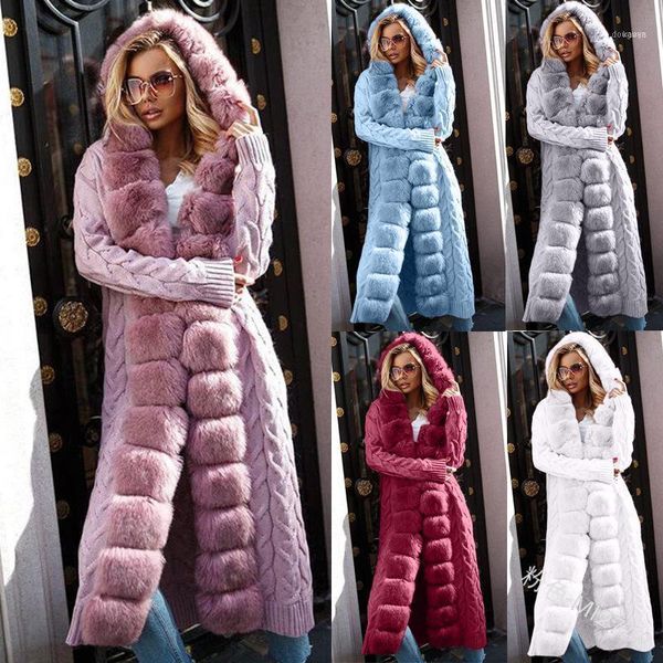 

knitted long cardigans sweaters women plus size hooded fur stitching winter fashion womens sweater lugentolo1, White