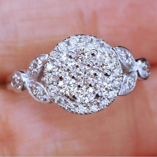 

wedding rings dainty leaf bride round zircon engagement ring luxury female white crystal stone charm silver color for women, Slivery;golden