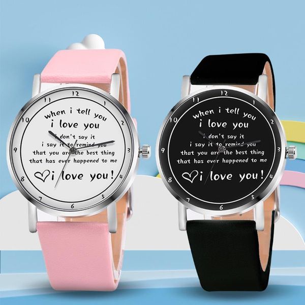 

wristwatches letters printed watch quartz with pu leather strap i love you for women girls ik88, Slivery;brown