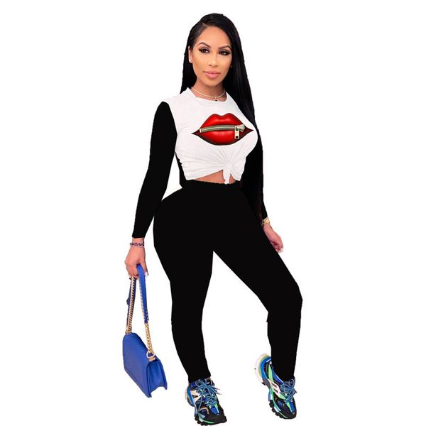 

women's pants lip printed fashion two piece set crew neck casual tracksuits panelled womens designer clothig, White