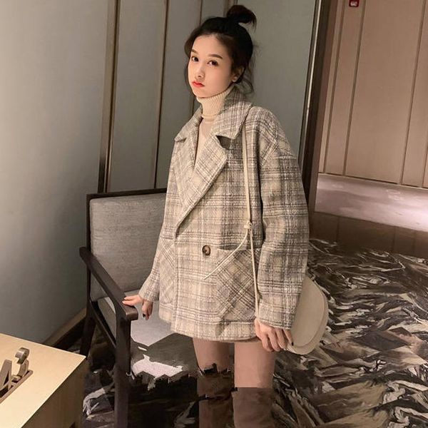 

women's wool & blends hstar plaid woolen coat female autumn winter loose korean version of retro small thickened tweed, Black