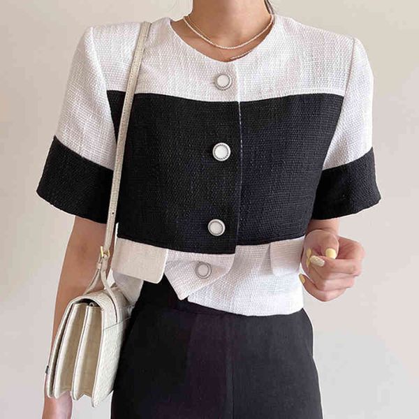 

summer style elegant daliy round neck contrast stitching design single breasted loose short sleeve jacket women 16w951 210510, White;black