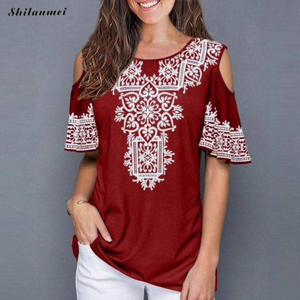 

women's blouses & shirts bohemian fashion women casual and plus size 4xl 5xl off shoulder floral print summer short sleeve causal, White