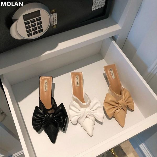 

dress shoes molan brand design 2021 summer elegant leather butterfly-knot high thin heels pointed toe lady pumps loafers mules flip flops, Black
