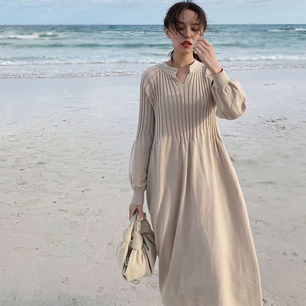 

casual dresses dress women clothes korean spring women's autumn winter long large v-neck pullover loose lantern sleeve knitted skirt he, Black;gray