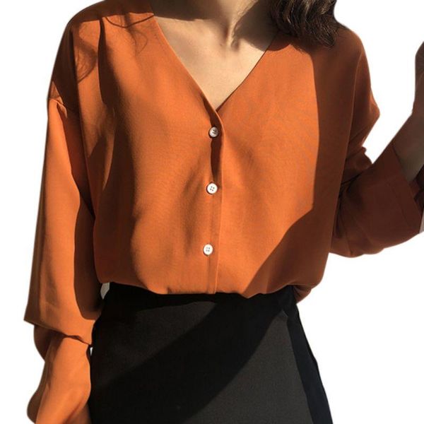 

women's blouses & shirts girls solid color single breasted chiffon blouse shirt v-neck long sleeve women summer casual streetwear 2021, White