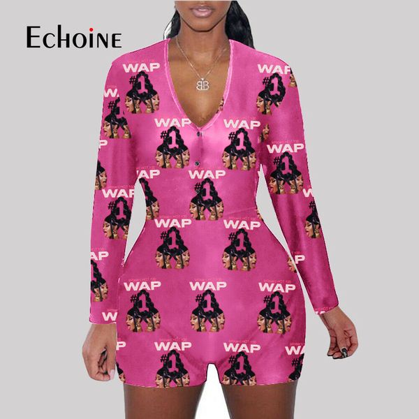

echoine 2021 womens jumpsuit sleepwear fashion wap print long sleeve v neck bodycon onesies bodysuit romper shorts pants, Black;white