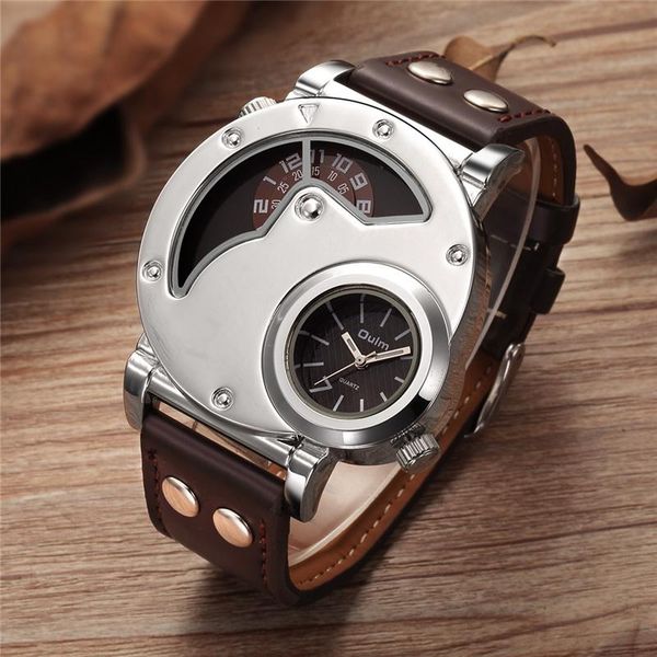 

oulm fashion silver case men's watches dual time zone pu leather wristwatch casual sports male watch relogio masculino wristwatches, Slivery;brown