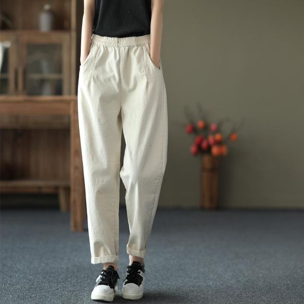 

pants spring retro women casual trousers elastic waist pocket loose vintage women's & capris, Black;white