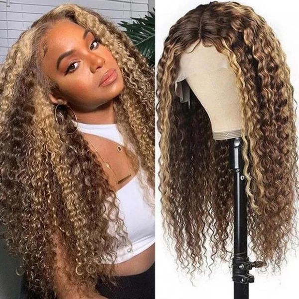 

lace wigs ombre brown highlight kinky curly front human hair with honey blonde 13x4 hd swiss, Black;brown