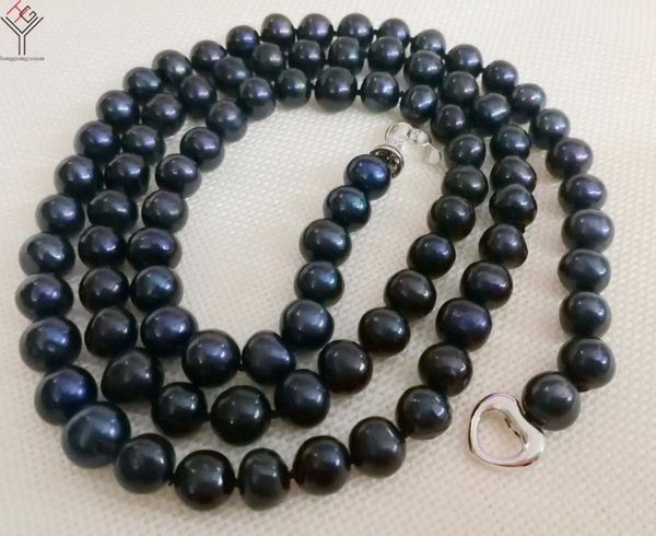 

chokers 50'' 127cm women jewelry necklace 8x9mm black pearl handmade love heart clasp natural freshwater, Golden;silver