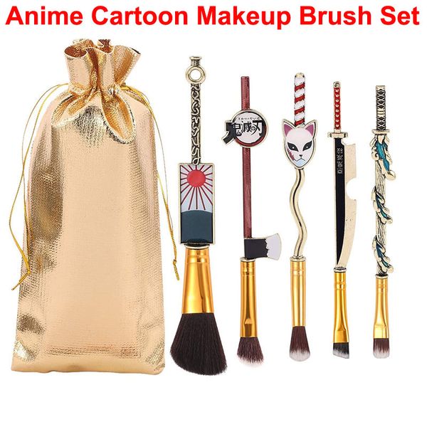 Anime Demon Slayer Make-up-Pinsel-Set, 5-teilig, Cartoon-Pinsel für Foundation, Puder, Lidschatten, Lippenpinsel, Kosmetik, Cosplay, Geschenk, Make-up-Werkzeug mit Aufbewahrungstasche