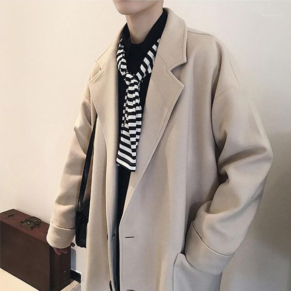 

casual windbreaker streetwear men spring autumn long coat single breasted loose trench bg50th men's coats, Tan;black