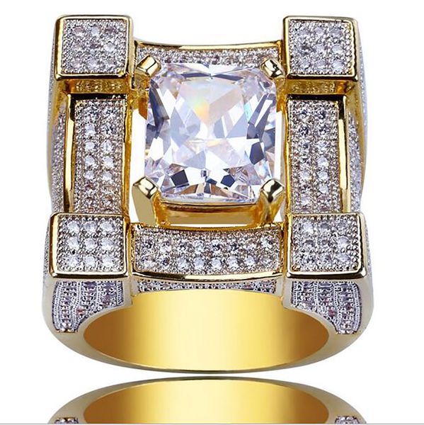 

luxury squared diamond solitaire eternity iced out rings cubic zirconia micro pave simulated diamonds ring with gift box 18k gold plated, Golden;silver