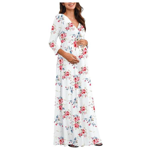 

long dress for pregnant women maternity pregnancy casual 3/4 sleeve v-neck maxi wrap boho dresses, White