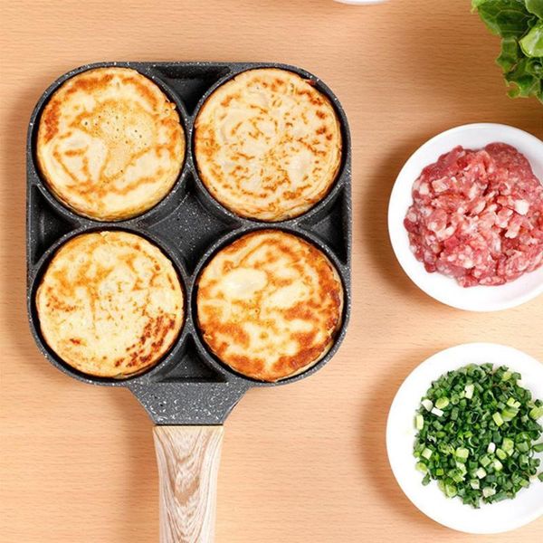 

pans 4 hole omelet pan for burger eggs ham pancake maker wooden handle non-stick breakfast egg steak