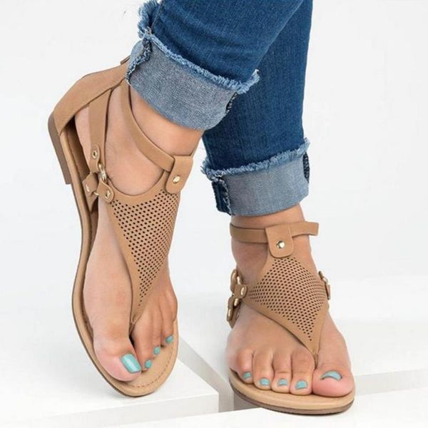 

sandals low heels roman hollow vamp flip flops solid color button zipper bandage beach bohemian lady casual, Black