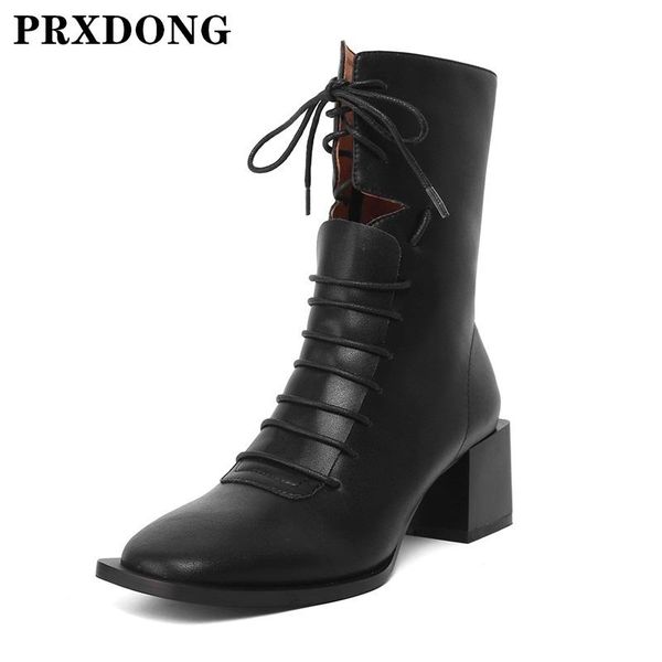 

boots women shoes fashion genuine leather thick heels lace up black apricot dress office ladies riding big size 34-40