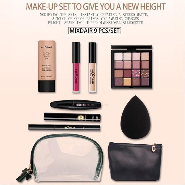 

9pcs/set black gold lip color gloss eye shadow eyebrow pencil mascara concealer bb cream puff makeup cosmetics bag for gifts sets