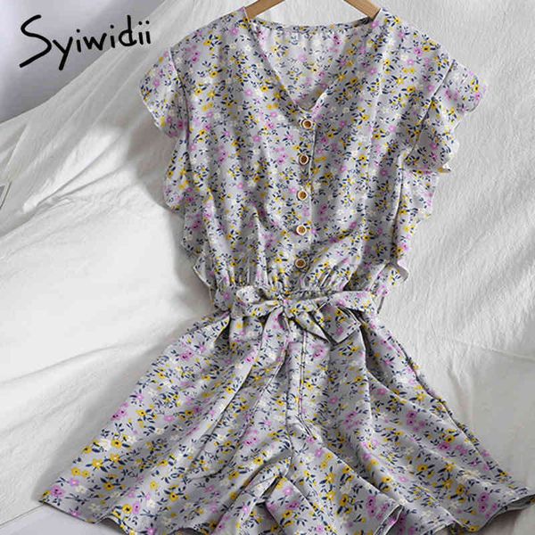 

yitimoky fashion floral print rompers women high waist sleeveless ruffles spliced breasted v-neck lace up playsuits summer 210417, Black;white