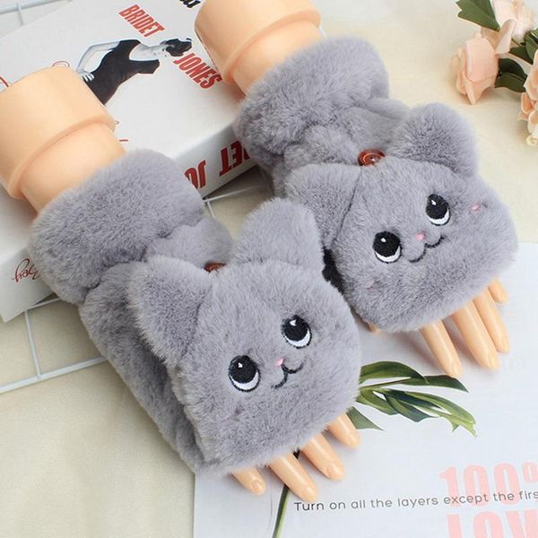 

five fingers gloves sale-plush women flip half-finger cartoon cat warm mittens thicken short girls fingerless touch screen, Blue;gray