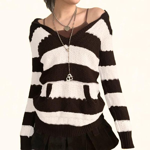 

women's sweaters 2021 fall lazy stitching color striped hooded pockets knitted long sleeve sweater fashion casual pullover, White;black