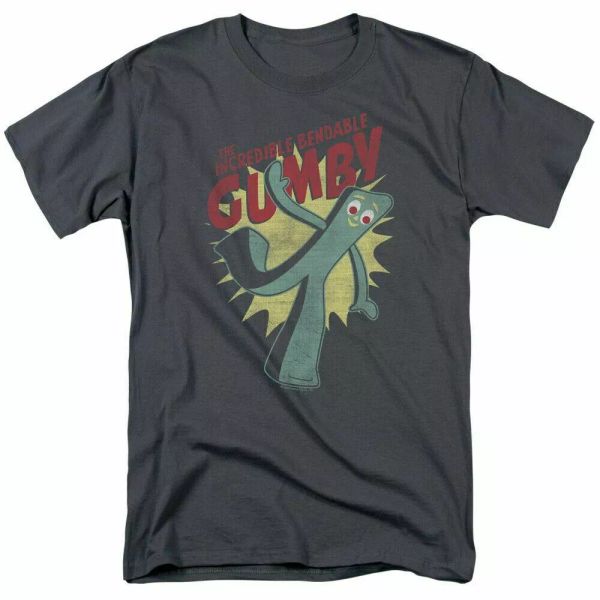 

gumby bendable logo t shirt mens licensed classic tv show charcoal, White;black